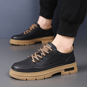 Chaussures à plateforme pour hommes, baskets décontractées basses en cuir kaki et noir, antidérapantes, confortables, à semelle épaisse, style workwear tendance - Product Image 4