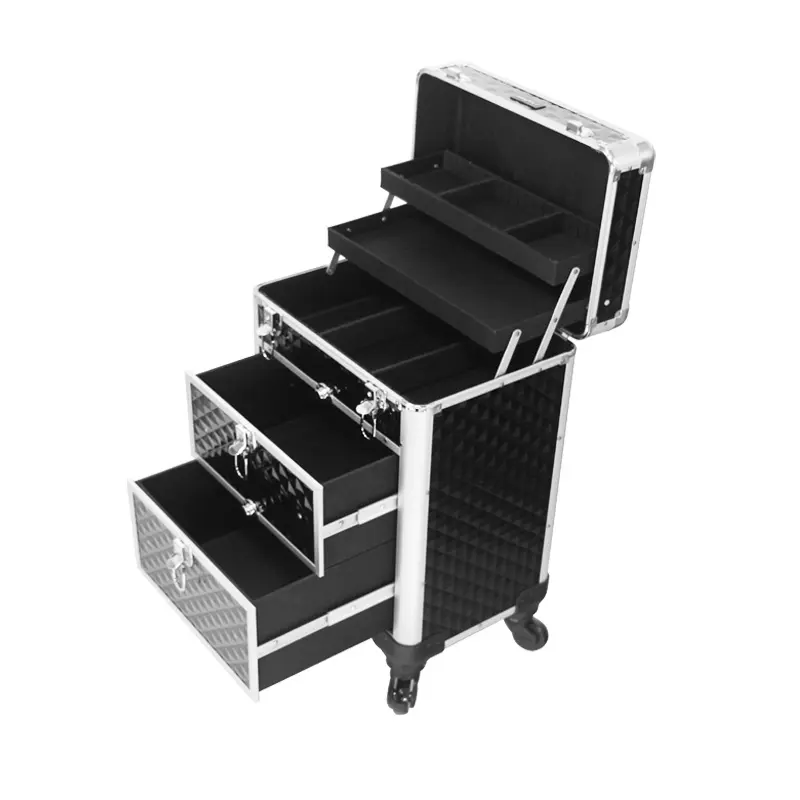 China Factory wholesale professional rolling makeup case trolley beauty boxes cosmetic train case with drawers and trays