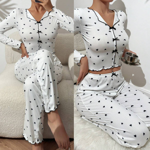 Vêtements de maison pour femmes Pantalons Love Print Long Sleeve Two Pieces Set Casual Loungewear Russia Sleepwear - Product Image 2