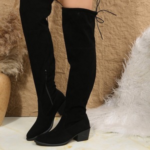 Bottes au-dessus du genou pour femmes, en daim noir, talon haut de 6 à 8 cm, tige élastique, grande taille, couleur unie, chaussures d'hiver à la mode - Product Image 4