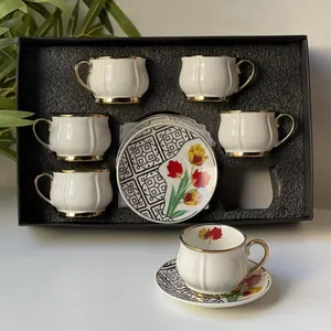 2024批发定制现代骨瓷茶杯和茶碟花卉图案浓缩咖啡杯和茶碟6件套