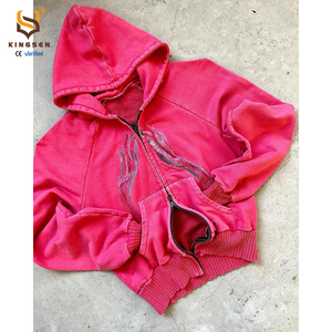 Custom Hoodies High Quality Men 100% Cotton Breathable Vintage Distressed Finish Washed Printing Embroidery Zip-Up Jersey Hoodie - Product Image 4