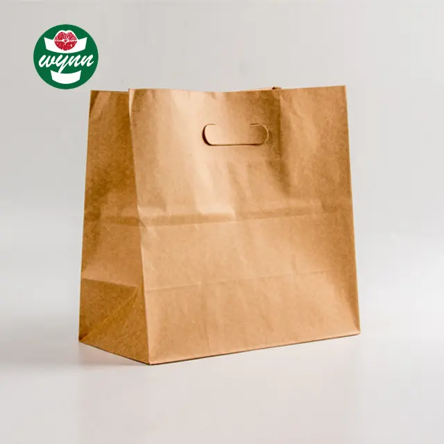 Bolsa de embalaje de compras para hornear, Papel kraft marrón reciclable con mango troquelado