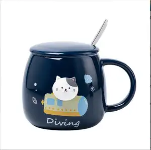 かわいい猫カップデザインセラミックポツベリーマグカップダークブルーカラー