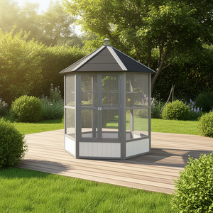 Volière hexagonale en bois gris clair de 69 pouces pour extérieur, résistante aux intempéries, pour oiseaux de compagnie - Product Image 2