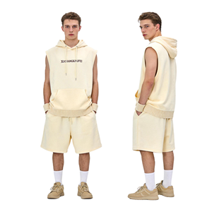 Men Solid French Terry Breathable Summer Casual Raw Hem Hooded Boxy Baggy <b>Sleeveless</b> Athletic Cropped <b>Hoodies</b> - Product Image 1