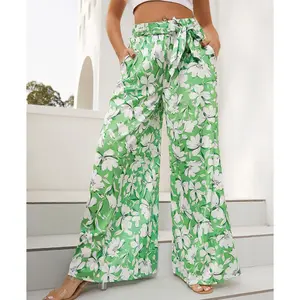 Dames Wijde Pijpen Broek Hoge Taille Palazzo Broek Chic Zomer Flowy Casual Broek