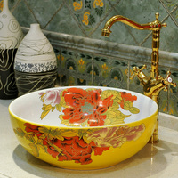 Gran oferta, lavabo sanitario creativo para el hogar, lavabo redondo de cerámica, amarillo, blanco, flor de peonía, encimera, lavabo de porcelana
