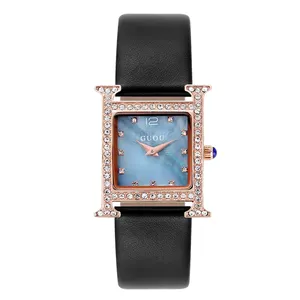 GUOU 8214 klassische chinesische Damenquarzuhr kaufen PU-Lederband Diamant viereckig vintage Freizeituhruhr