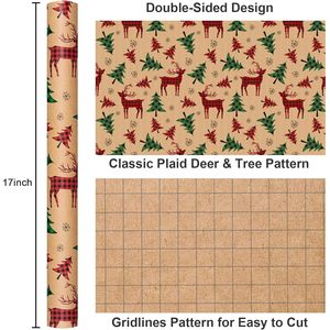 Kraft Christmas <b>Wrapping</b> <b>Paper</b> Roll 17 In X 33 Ft Plaid Deer Pattern Recyclable Brown Thick Packaging <b>Paper</b> - Product Image 3