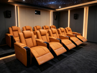Luxuriöses Heimkino-Relaxsofa aus orangefarbenem Leder, elektrischer Kinosessel mit Getränkehalter, Sitzgelegenheit für private Filmräume
