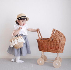 Carrito Vintage para muñecas, casa para niños, carrito de juego, carrito de almacenamiento de madera, tejido de ratán y sauce - Product Image 1