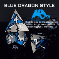 Gunmetal DND Metal Dice Set 7PCS | Dés à motif de dragon bleu de police blanche | Fabricant de dés RPG gravés sur mesure