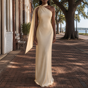 Vestido de Noche Elegante de Satén para Mujer, Estilo Tubo con Hombros Descubiertos, Abertura Lateral, Largo hasta el Suelo, Color Sólido, Ropa Formal al por Mayor - Product Image 4