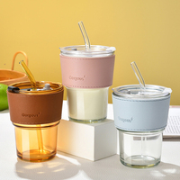 Gobelet à café en verre de 450 ml avec manchon en cuir pastel, sans BPA, avec paille en verre et couvercle à bec verseur, logo personnalisé, mug esthétique pour cafés urbains