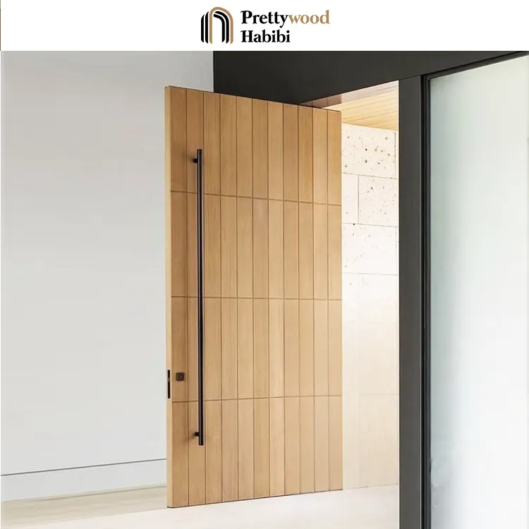 Porta de entrada principal de madeira maciça exterior Prettywood, porta pivotante frontal de design retangular minimalista para casas