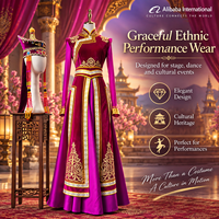 Costume de scène ethnique traditionnel haut de gamme pour femmes, tenue de danse folklorique, robe en velours marron avec broderie dorée et chapeau
