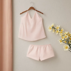 2022 novo design de 100% linho plain sólidos Mulher loungewear rosa sexy pijama de linho puro linho shorts conjuntos singlet - Product Image 1