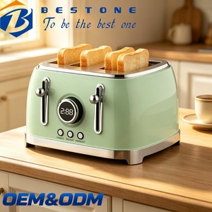 BESTONE 4-Slice <b>Toaster</b> With <b>Digital</b> Timer Defrost Reheat Cancel Function Green Plastic Housing Household Use - Product Image 1