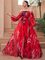 Robe élégante en mousseline de soie à manches lanterne et ourlet évasé avec imprimé aquarelle numérique et cravate à la taille pour la plage et formel