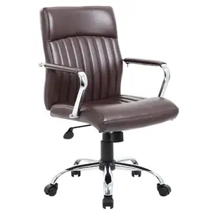 Gran oferta, silla de oficina ejecutiva cómoda marrón, sillas de oficina de cuero con brazos metálicos