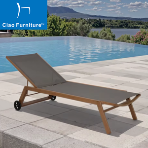 Tumbona de <span class=keywords><strong>Aluminio</strong></span> <span class=keywords><strong>con</strong></span> <span class=keywords><strong>Ruedas</strong></span> y Malla de Tela para Exteriores, de Alta Calidad, para Piscinas de Hoteles - Product Image 1