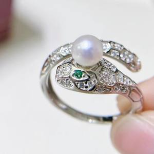10598DIY Pearl <b>Accessories</b> S925 Silver Ring Empty Holder Trendy Spirit <b>Snake</b> Ring with 10-13mm Round Beads Inlay - Product Image 1