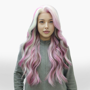 <span class=keywords><strong>Parrucca</strong></span> Sintetica con Frontale in Pizzo, Alta Densità 250%, <span class=keywords><strong>Lunga</strong></span>, <span class=keywords><strong>Rosa</strong></span>, con Attaccatura Naturale - Product Image 1