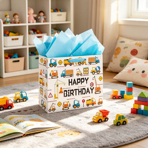 Sac cadeau en papier d'anniversaire à thème dessin animé, sac à friandises pour fête de garçons sur le thème de la construction, sac en papier imprimé Joyeux Anniversaire pour cadeaux de fête - Product Image 2