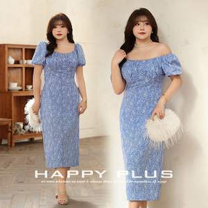 Vestido lápiz de cintura alta con estampado floral azul para mujer, talla grande, cuello cuadrado, N8834 - Product Image 3