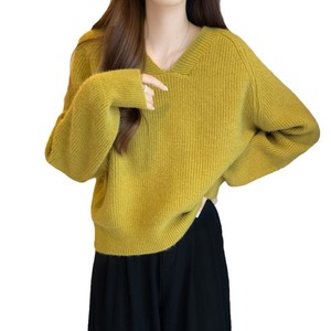 Maglione Pullover da Ragazza in Stile Coreano Morbido e Cucinato, Lavorato a <span class=keywords><strong>Maglia</strong></span>, Autunno Inverno, Vestibilità Ampia e Comoda, Scollo a V, Tinta Unita, Poliestere Spandex - Product Image 5