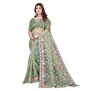 Indian Boutique Traditional <b>Silk</b> Saree with Tissue Organza and Beautiful Multi Embroidery C-Pallu Work for Women Party Wear - Product Image 1