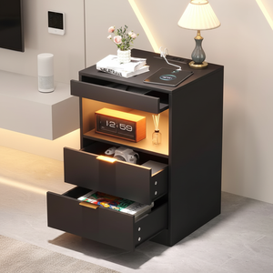 <span class=keywords><strong>Table</strong></span> <span class=keywords><strong>de</strong></span> chevet moderne en bois BSCI-FSC OEM avec station <span class=keywords><strong>de</strong></span> charge LED, rangement multifonctionnel pour appartement et chambre, 2 tiroirs coulissants - Product Image 2