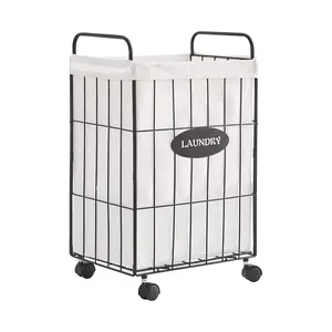 Iron Wire Laundry Hamper With Rolling Lockable Wheels