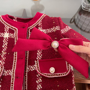 Completo Due Pezzi a Quadri per Ragazze Autunno-Inverno, Elegante Tailleur Rosso Spesso per Feste, Età 8+, Abbigliamento Boutique in Tessuto Caldo - Product Image 2