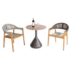 Modern Outdoor Garden Backyard Furniture Patio Rope Chairs Round Coffee Teak Wood Dining Table Set for 2