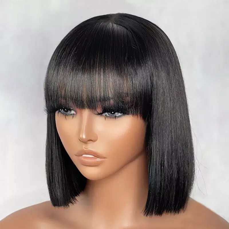 Zsf Hair Natural Color Brazilian Full Machine Made Wigs With Bang None Lace Wigs Straight Bob Wig With Bangs For Black Women