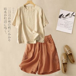 Women's Cotton Linen Short Sleeve T Shirt Set Loose Casual Breathable Elastic Waist Shorts Artistic Retro Summer Style - Product Image 3