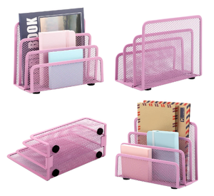 Organisateur de courrier de bureau, porte-documents, trieur de lettres avec 3 compartiments verticaux en métal maillé pour la maison ou le bureau, rose - Product Image 4