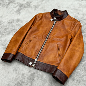 Chaqueta de piel auténtica para motocicleta clásica con cuello vuelto de béisbol Vintage para hombre, chaquetas de piel de becerro de tela de piel de vaca Natural para hombre - Product Image 3