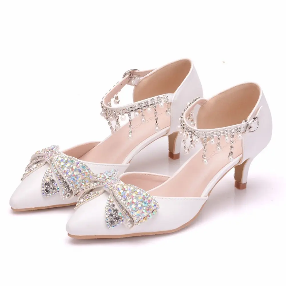 รองเท้าแตะผู้หญิง,รองเท้าส้นสูง5ซม. สีขาวเซ็กซี่ประดับโบว์พลอยเทียมพู่สำหรับงานแต่งงานรองเท้าแมรี่เจน BS056