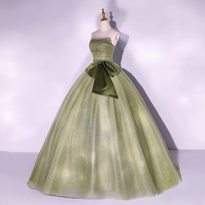 Green Strapless Ball Gown Dress Tulle Skirt Natural Waistline For Party Piano Performance Wedding - Product Image 2