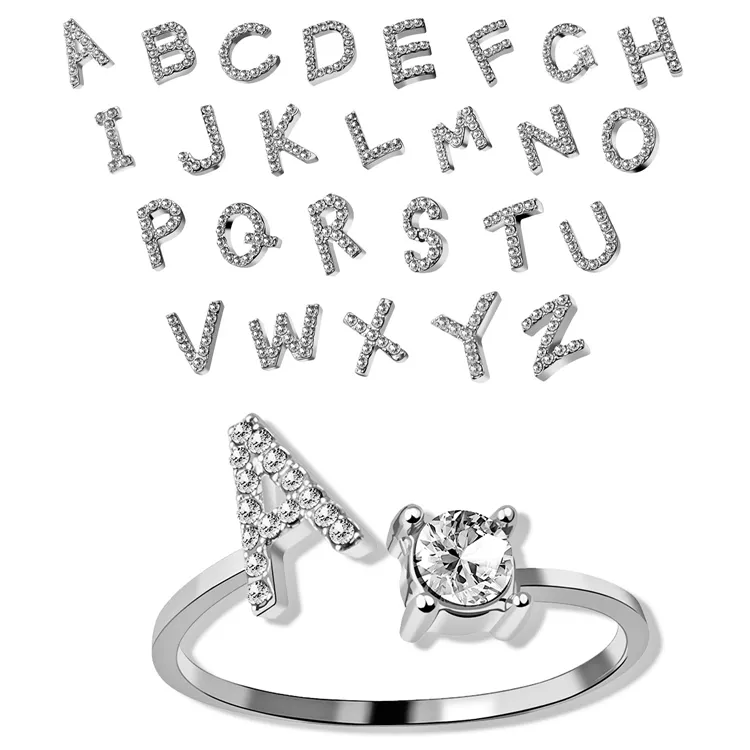 Zircon Letter Ring Fashion Engagement Party Gift Silver Rhinestone 26 Letters Initials Open Finger Rings For Women