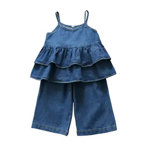2024 New Summer Hot Selling Children Denim Suit Short Lace-Up Top Ripped Jeans Two Pieces Kids Wear Girls Outfits