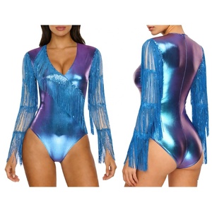 Justaucorps de danse latine à manches longues, col en V profond, franges métalliques et strass, pour la salsa, le tango, la samba, la compétition et la performance - Product Image 2