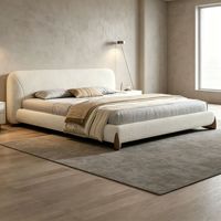Lit Double Rembourré en Tissu avec Cadre en Bois Massif, Tête de Lit Coquille Wabi Sabi Courbée Intégrée, Meuble de Chambre Parentale