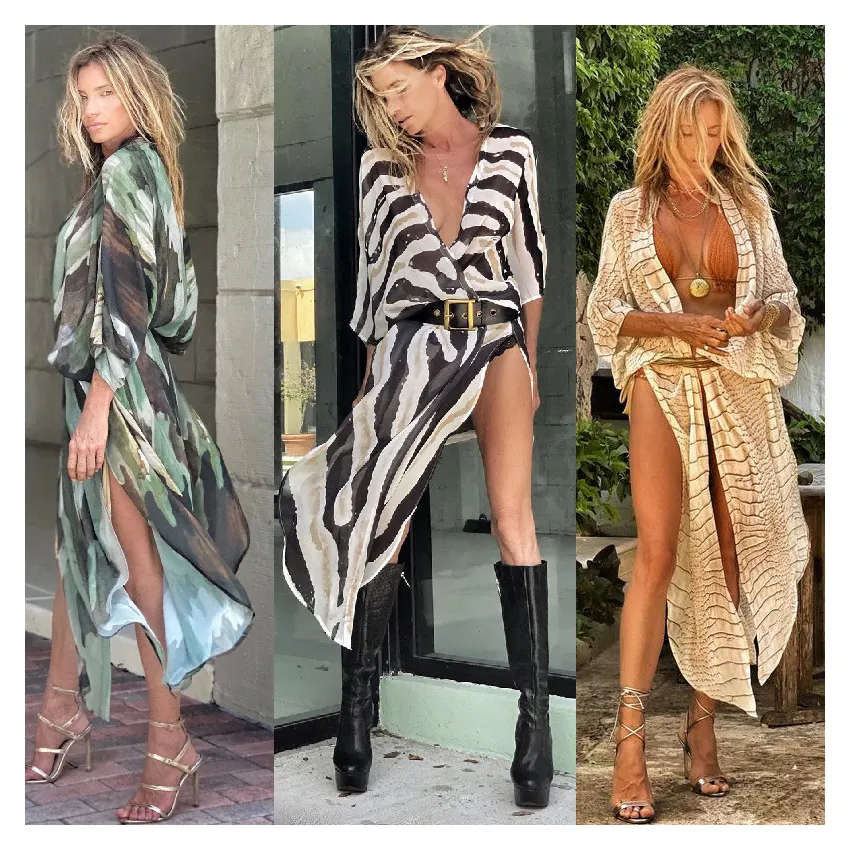 WoYing Boho Sexy A Righe In Chiffon Costume Da Bagno Cover-up Più Il Formato Vestito Dal Kimono Per Le Donne di Estate di Usura Della Spiaggia del Costume Da Bagno cover Up