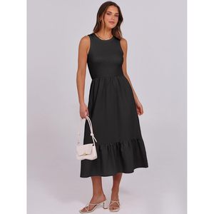 FOXA Women Midi Dress High Neck Sleeveless Knitted A-Line Casual Beach Dress With Pockets Breathable Summer Wear - Product Image 2