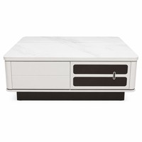Table basse de salon moderne en bois laqué artisanal, finitions contrastées bicolores, avec tiroirs de rangement et panneau en verre technologique, pour la vente en gros