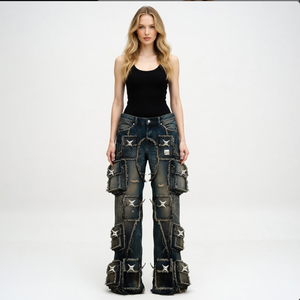 Pantalones de mezclilla Wangsheng <span class=keywords><strong>para</strong></span> <span class=keywords><strong>hombre</strong></span>, corte regular, cintura media, lavado oscuro, pierna ancha, desgastados, con bolsillos cargo, detalles de estrellas, longitud completa - Product Image 6